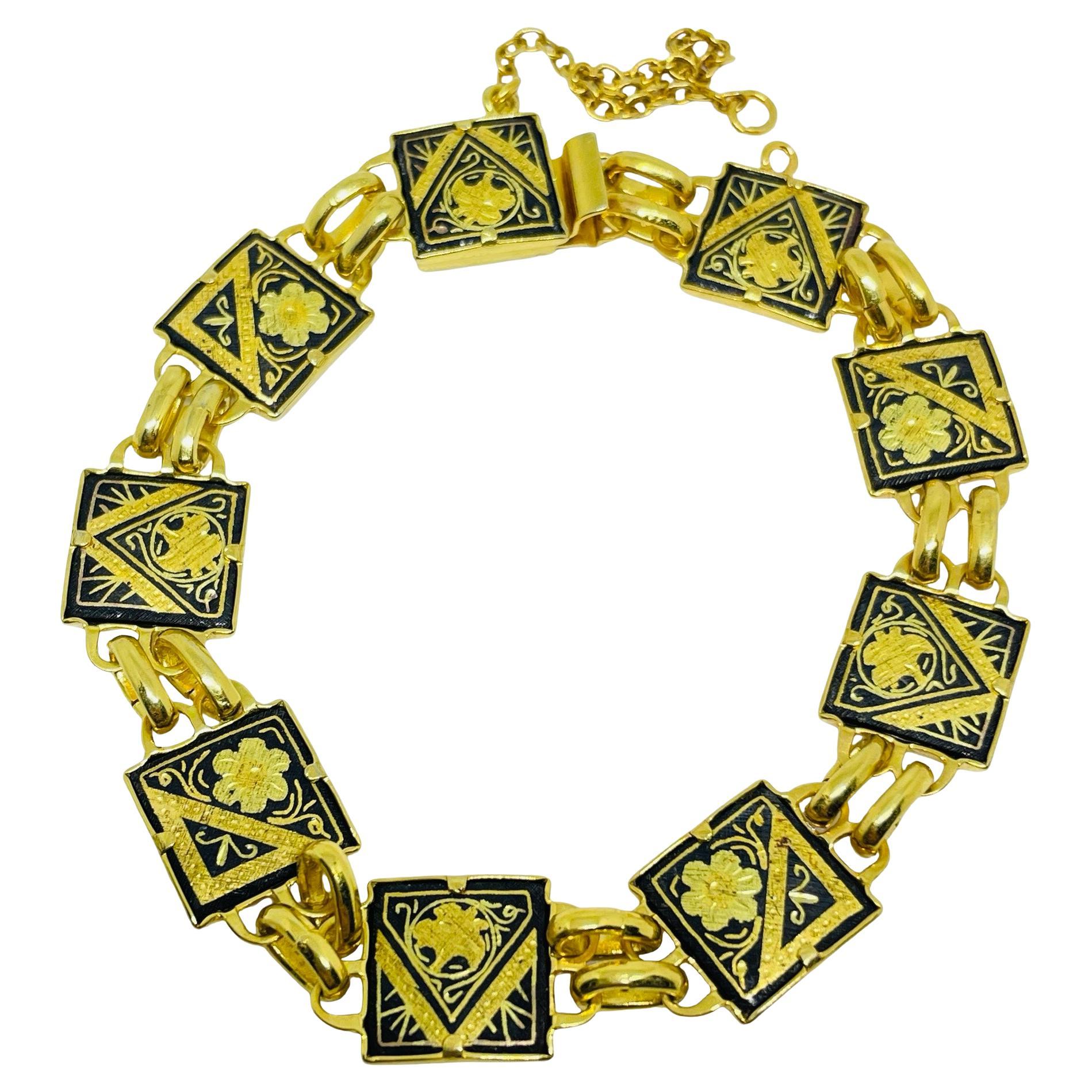 Vintage SPAIN damascene gold tone black panel link designer bracelet