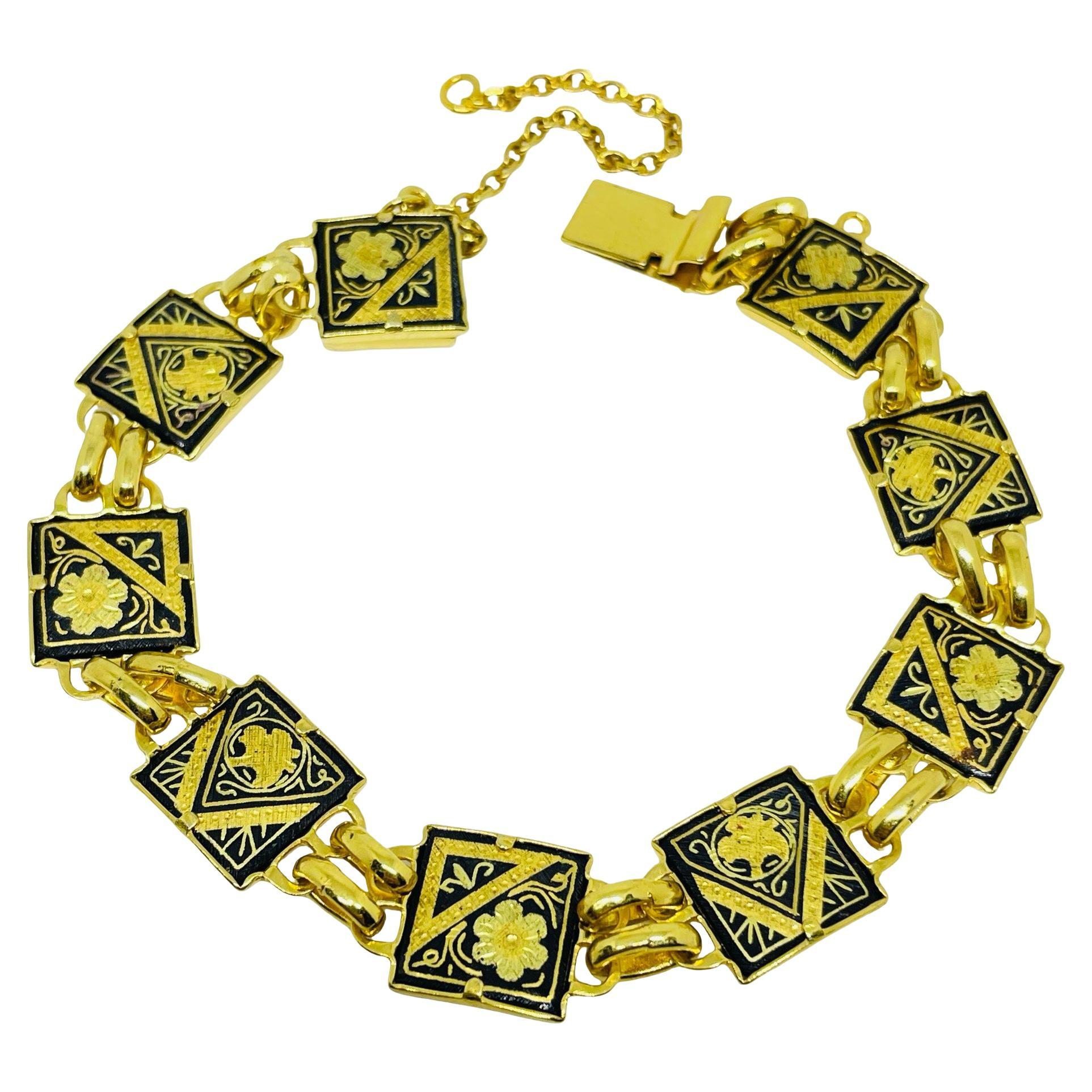 Vintage SPAIN damascene gold tone black panel link designer bracelet For Sale