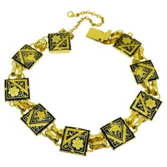 Vintage SPAIN damascene gold tone black panel link designer bracelet
