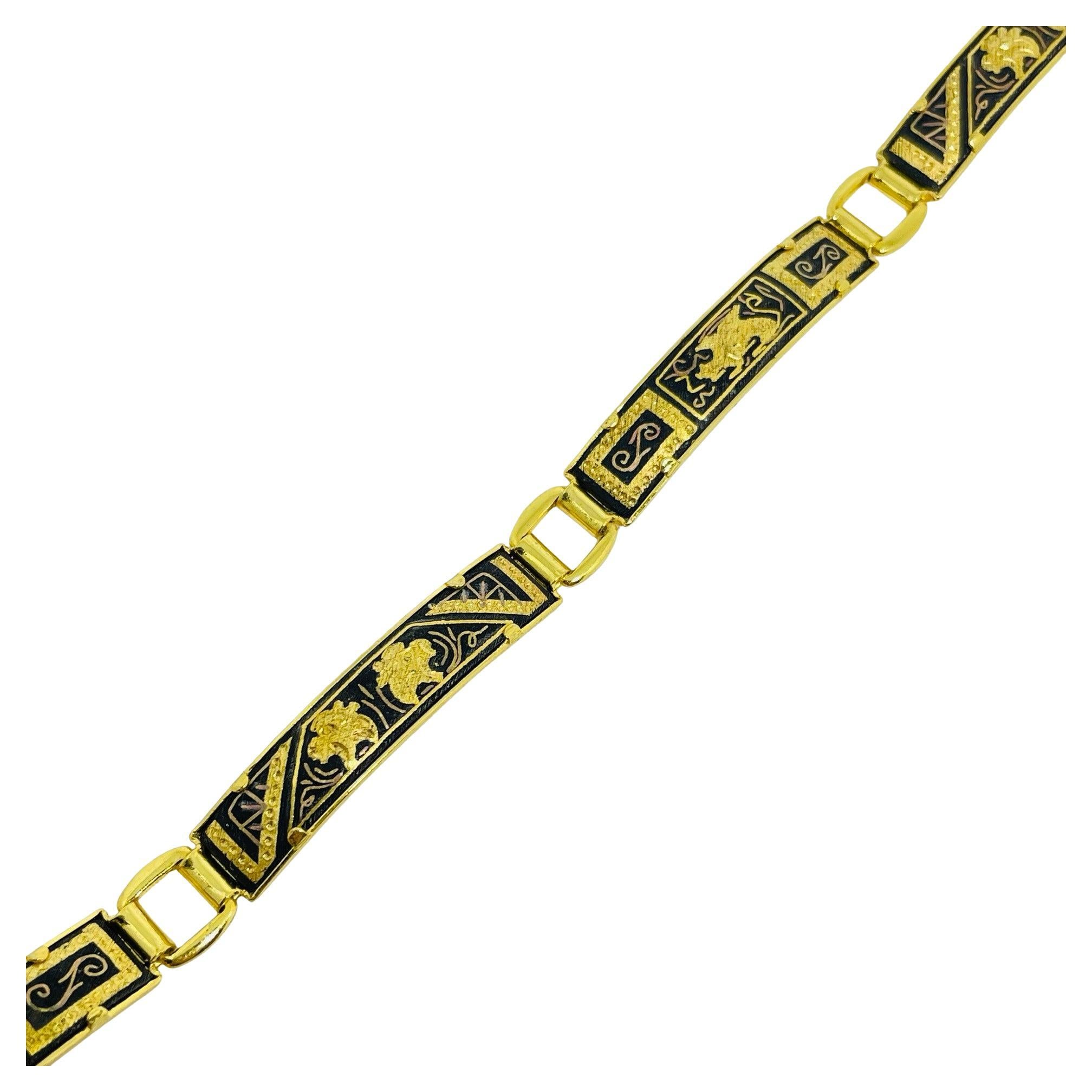 Vintage SPAIN damascene gold tone black panel link designer bracelet For Sale