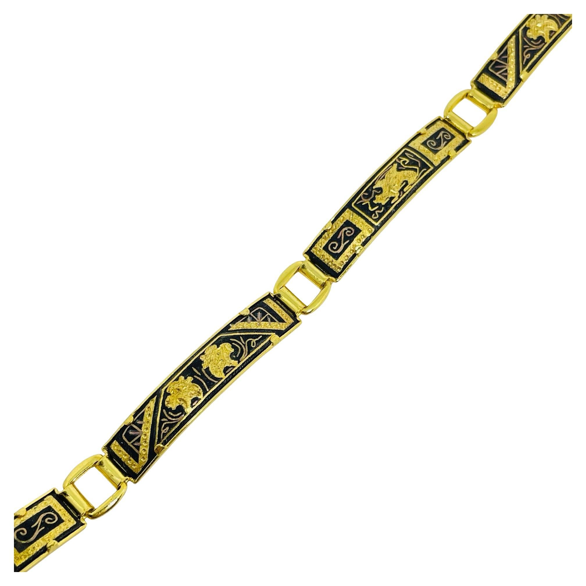 Vintage SPAIN damascene gold tone black panel link designer bracelet For Sale