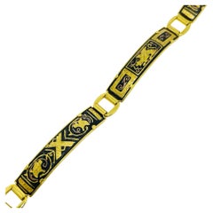 Vintage SPAIN damascene gold tone black panel link designer bracelet