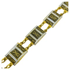 Vintage SPAIN damascene gold tone black panel link designer bracelet