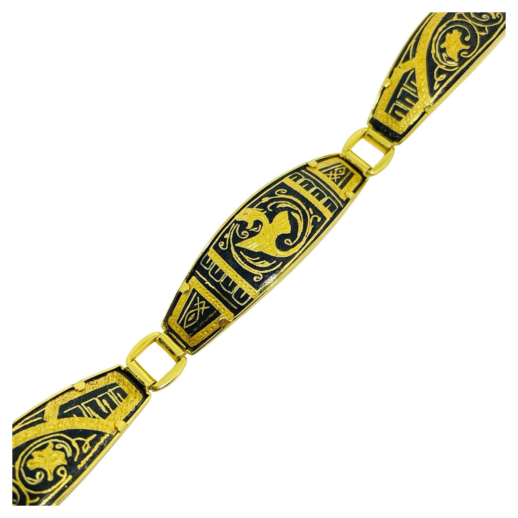 Vintage SPAIN damascene gold tone black panel link designer bracelet For Sale
