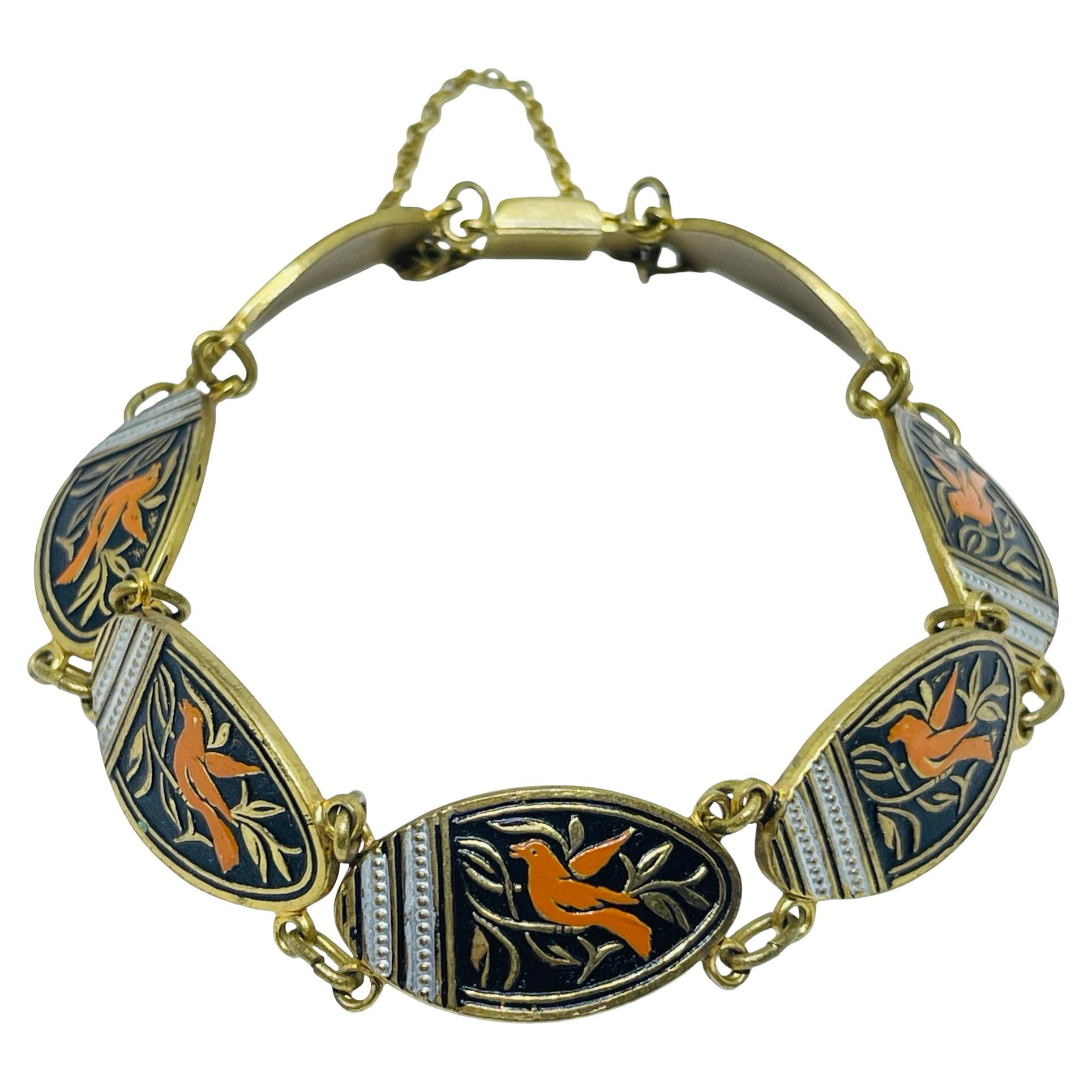 Vintage SPAIN damascene gold tone black panel link designer bracelet For Sale