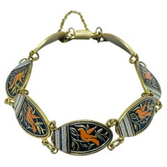 Vintage SPAIN damascene gold tone black panel link designer bracelet