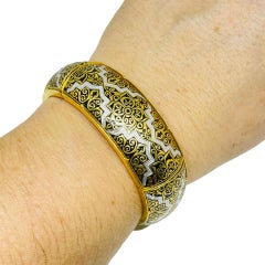 Vintage SPAIN damascene gold tone black panel stretch link designer bracelet