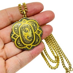 Vintage SPAIN damascene gold tone black pendant designer necklace