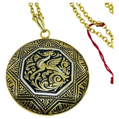 Vintage SPAIN damascene gold tone black pendant designer necklace