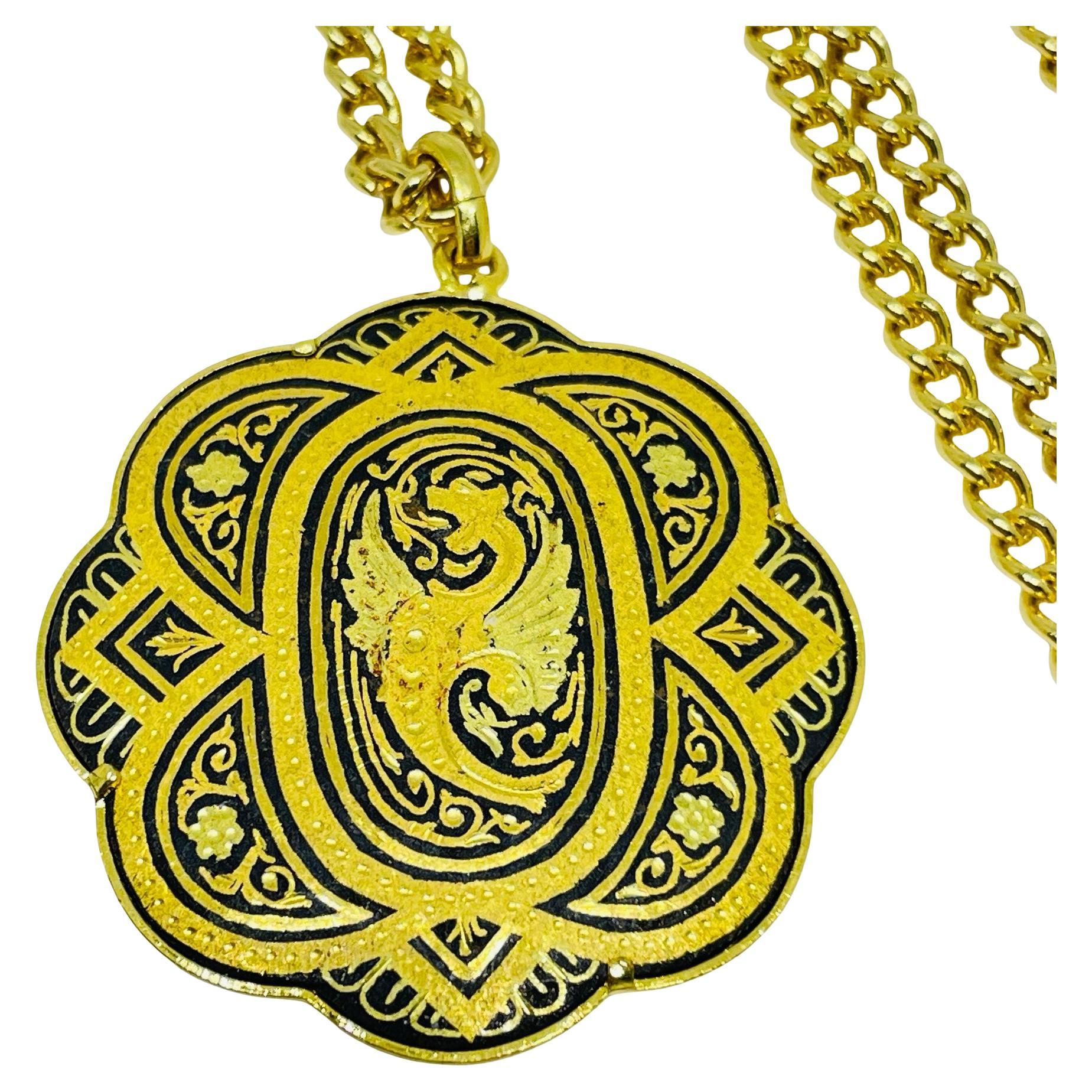 Vintage SPAIN damascene gold tone black pendant designer necklace