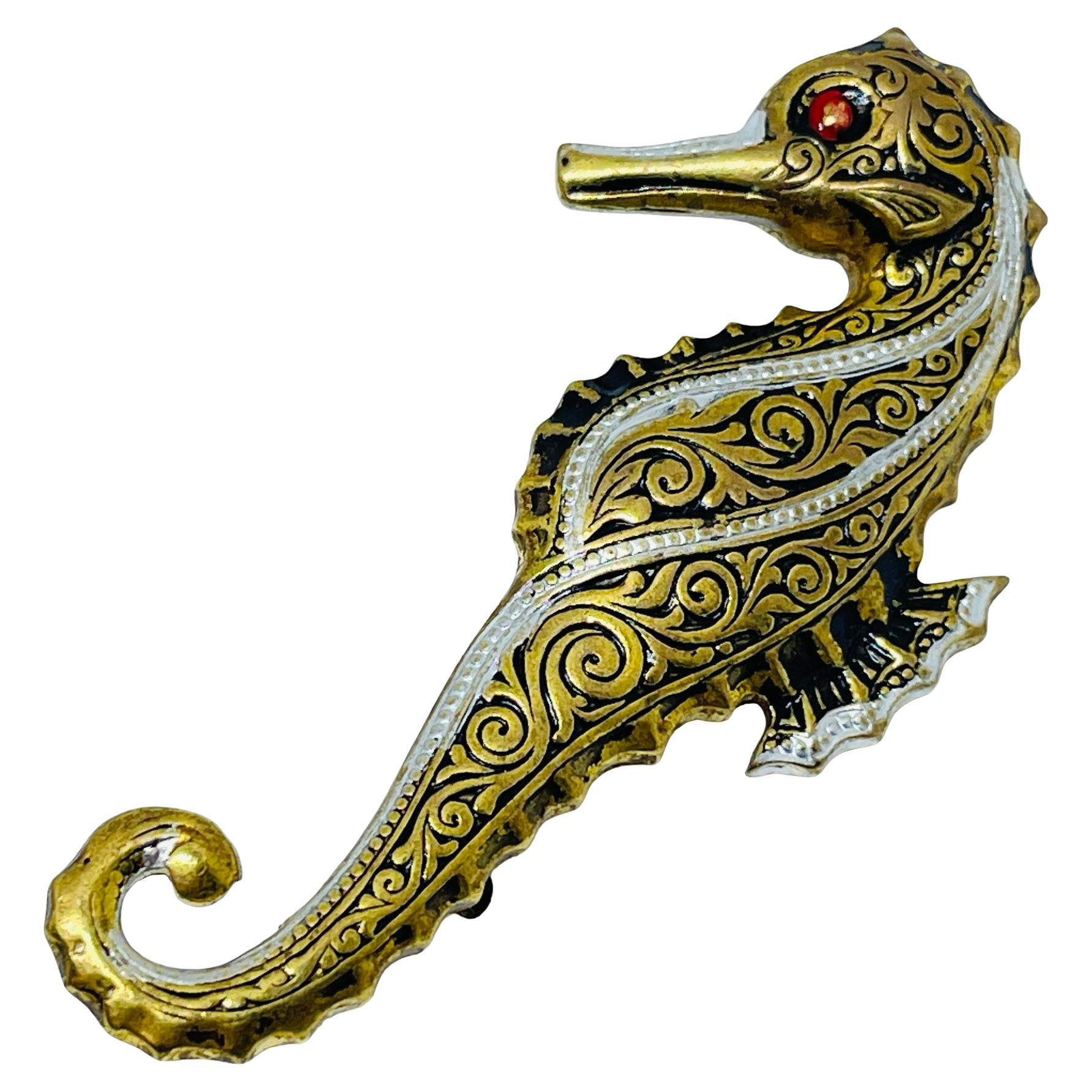 Vintage SPAIN damascene gold tone black seahorse designer brooch