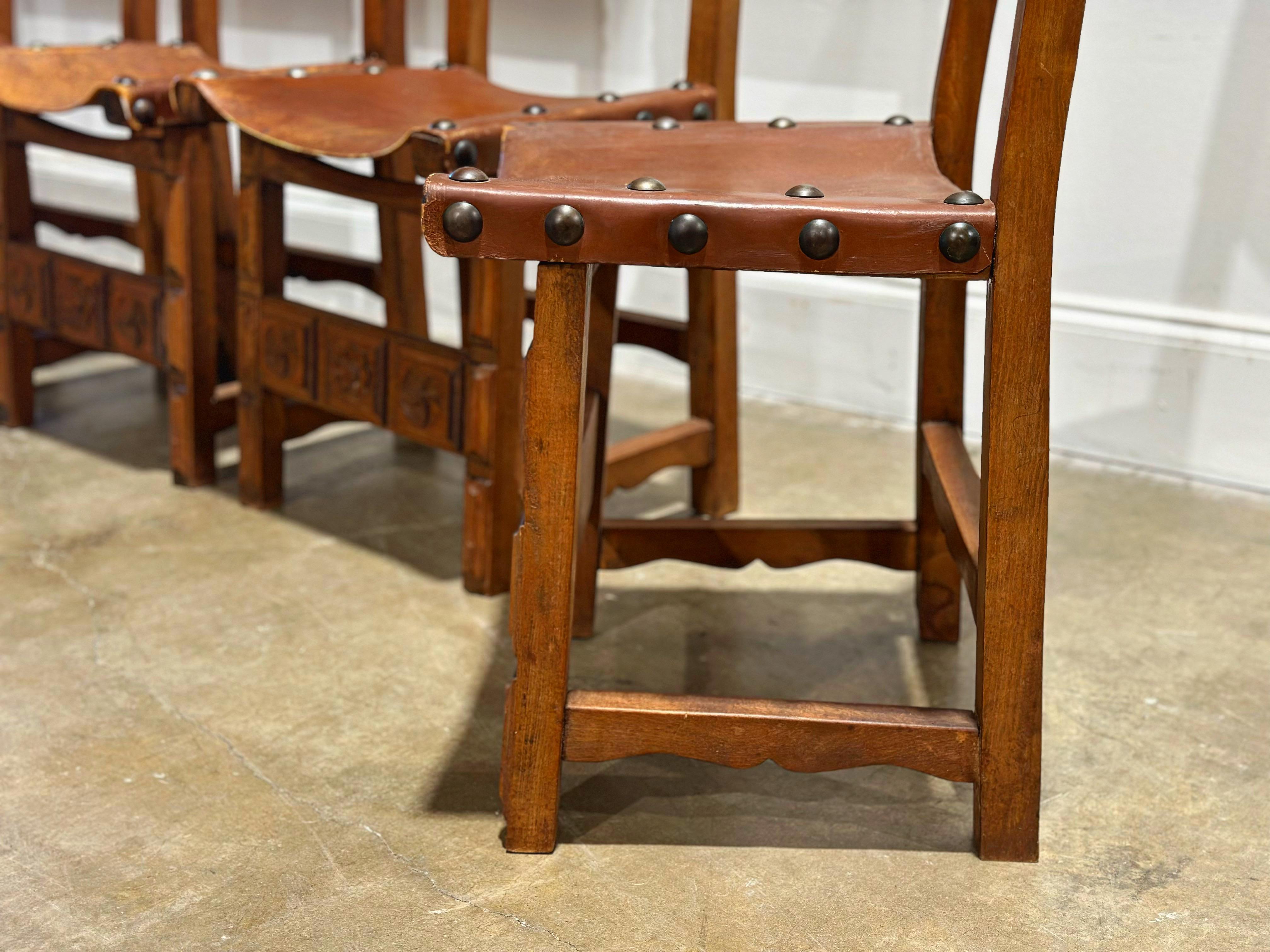 Vintage Spainish Revival Carved Oak + Leather Dining Chairs - Set of Six For Sale 5