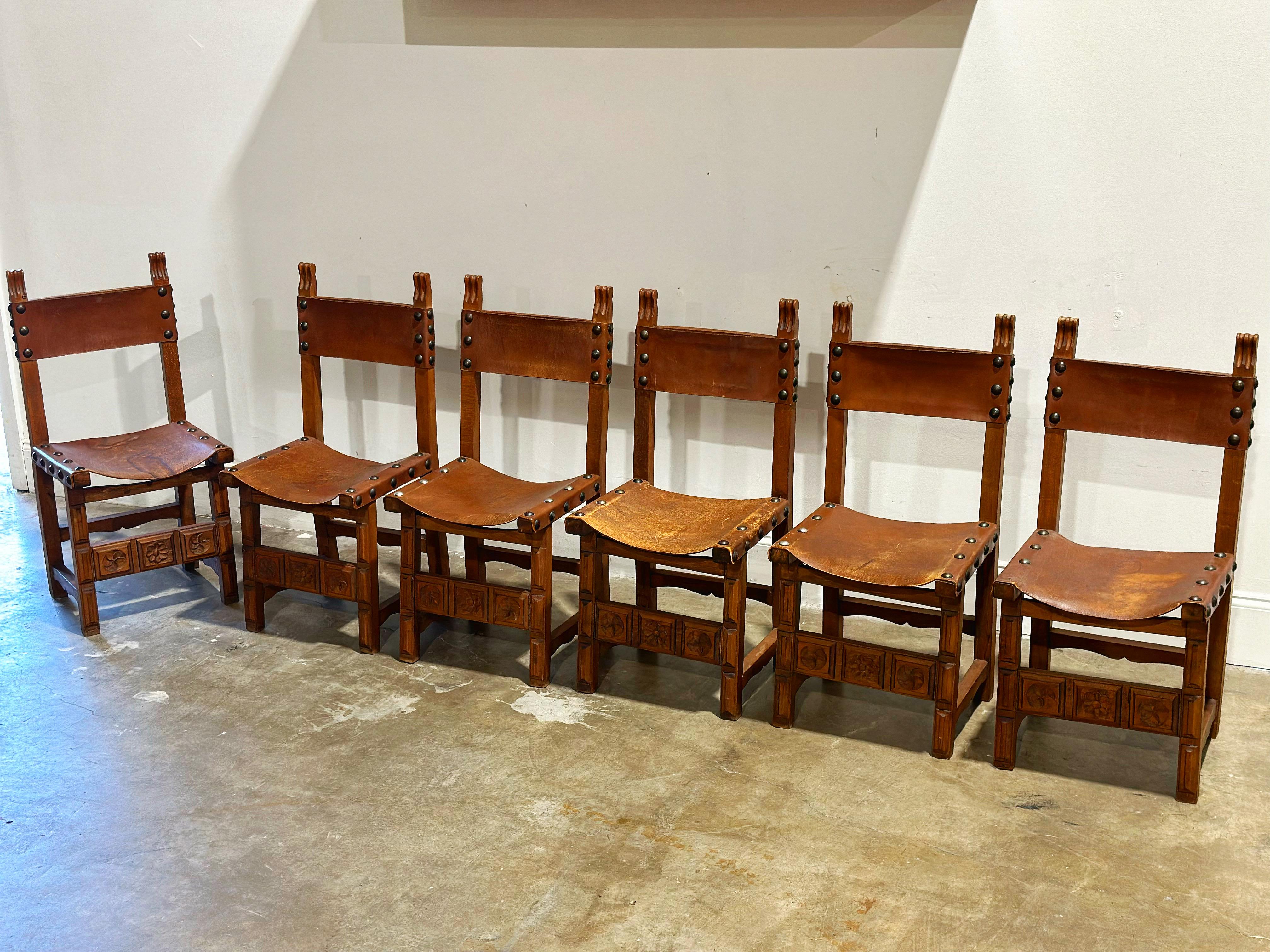 Vintage Spainish Revival Carved Oak + Leather Dining Chairs - Set of Six For Sale 7