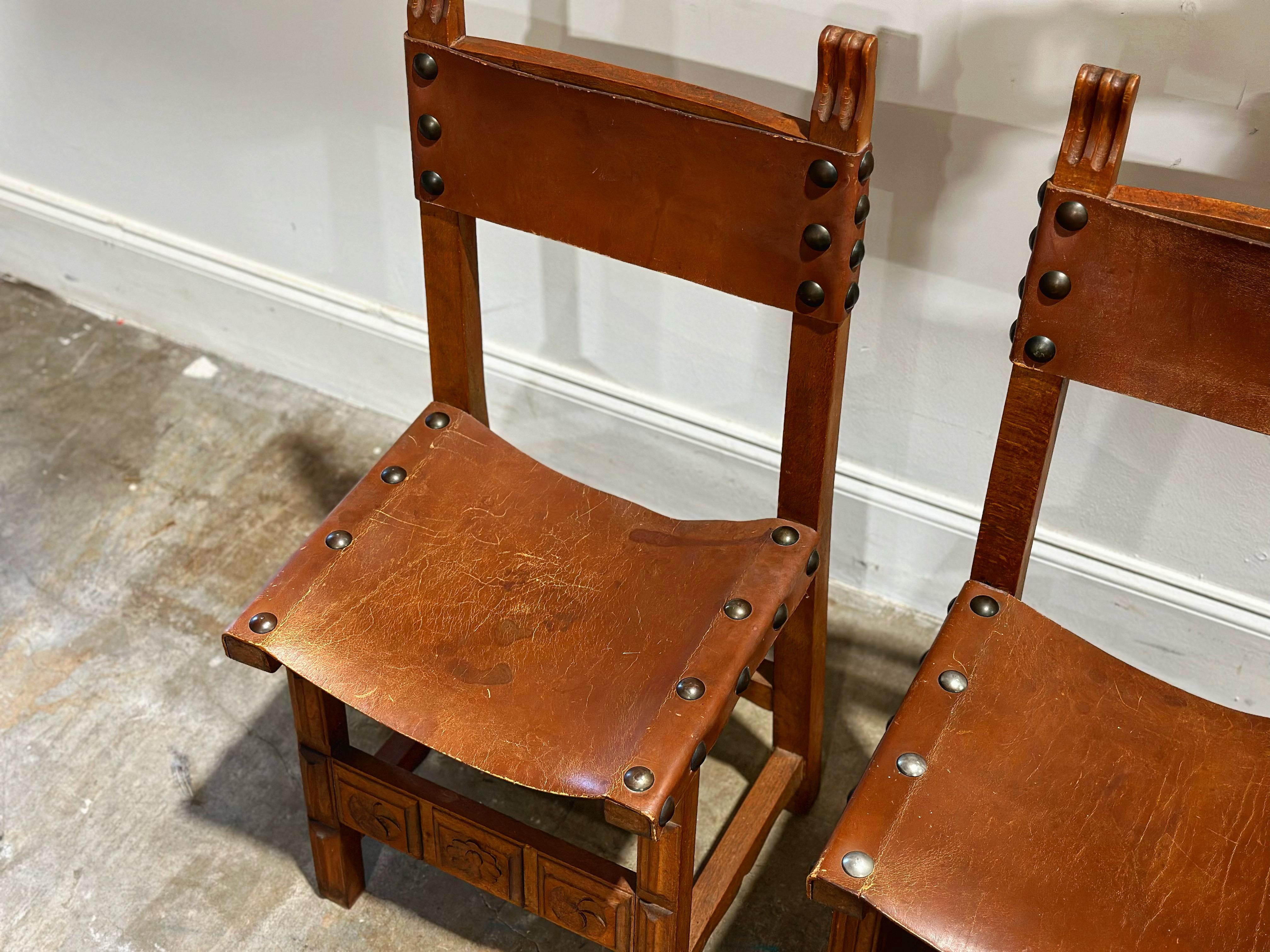 Vintage Spainish Revival Carved Oak + Leather Dining Chairs - Set of Six In Good Condition For Sale In Decatur, GA