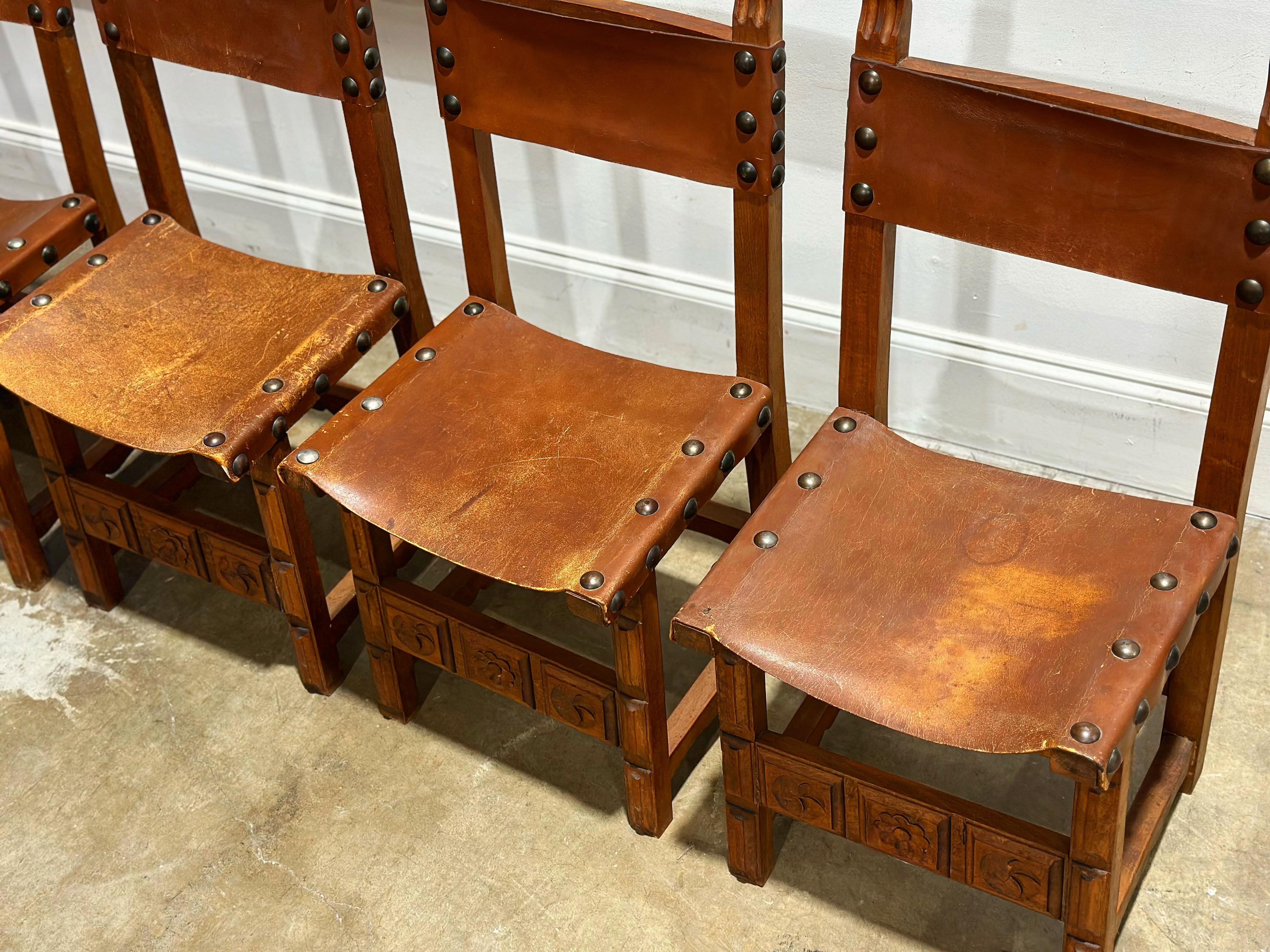 Vintage Spainish Revival Carved Oak + Leather Dining Chairs - Set of Six For Sale 2