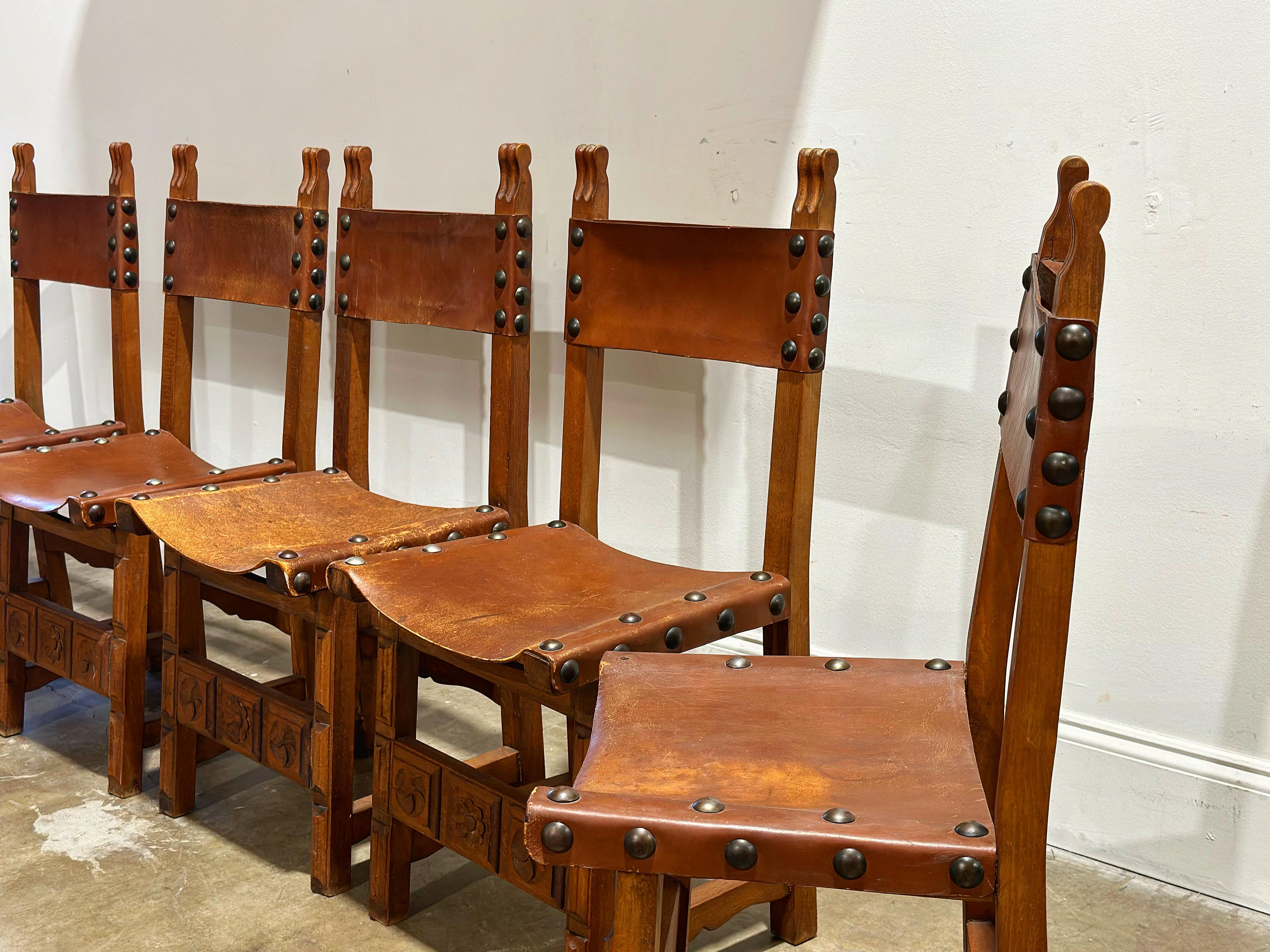 Vintage Spainish Revival Carved Oak + Leather Dining Chairs - Set of Six For Sale 3