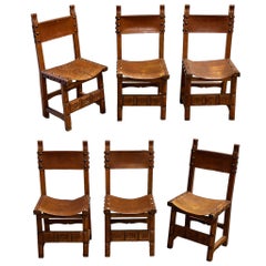 Vintage Spainish Revival Carved Oak + Leather Dining Chairs - Set of Six
