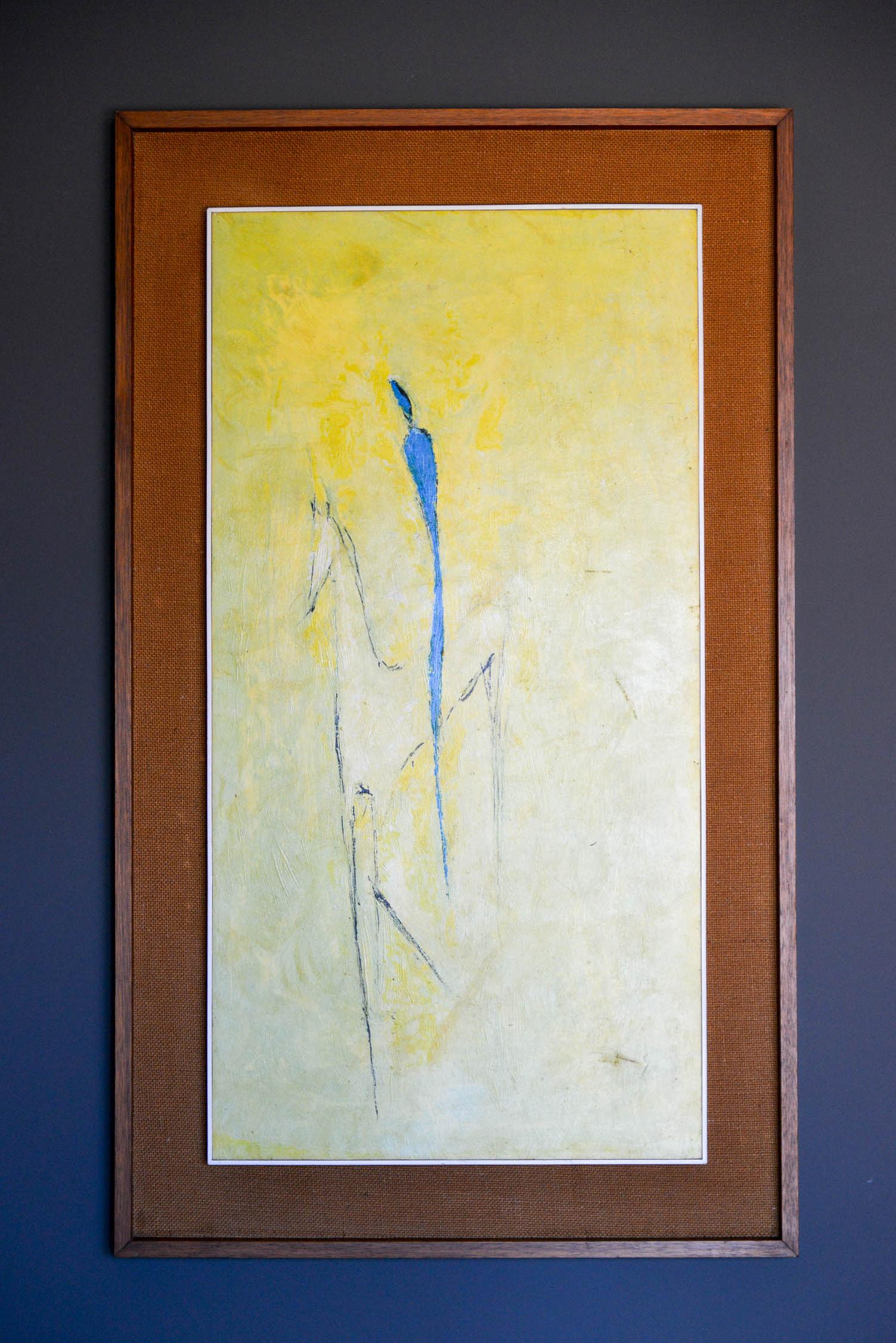 Vintage Spanish acrylic on Masonite painting, circa 1960. Beautiful color and subject matter of abstract figurative horse and rider. Original markings from Silvia Sennacheribbo Gallery in Barcelona circa 1960. Original framing in very good condition.