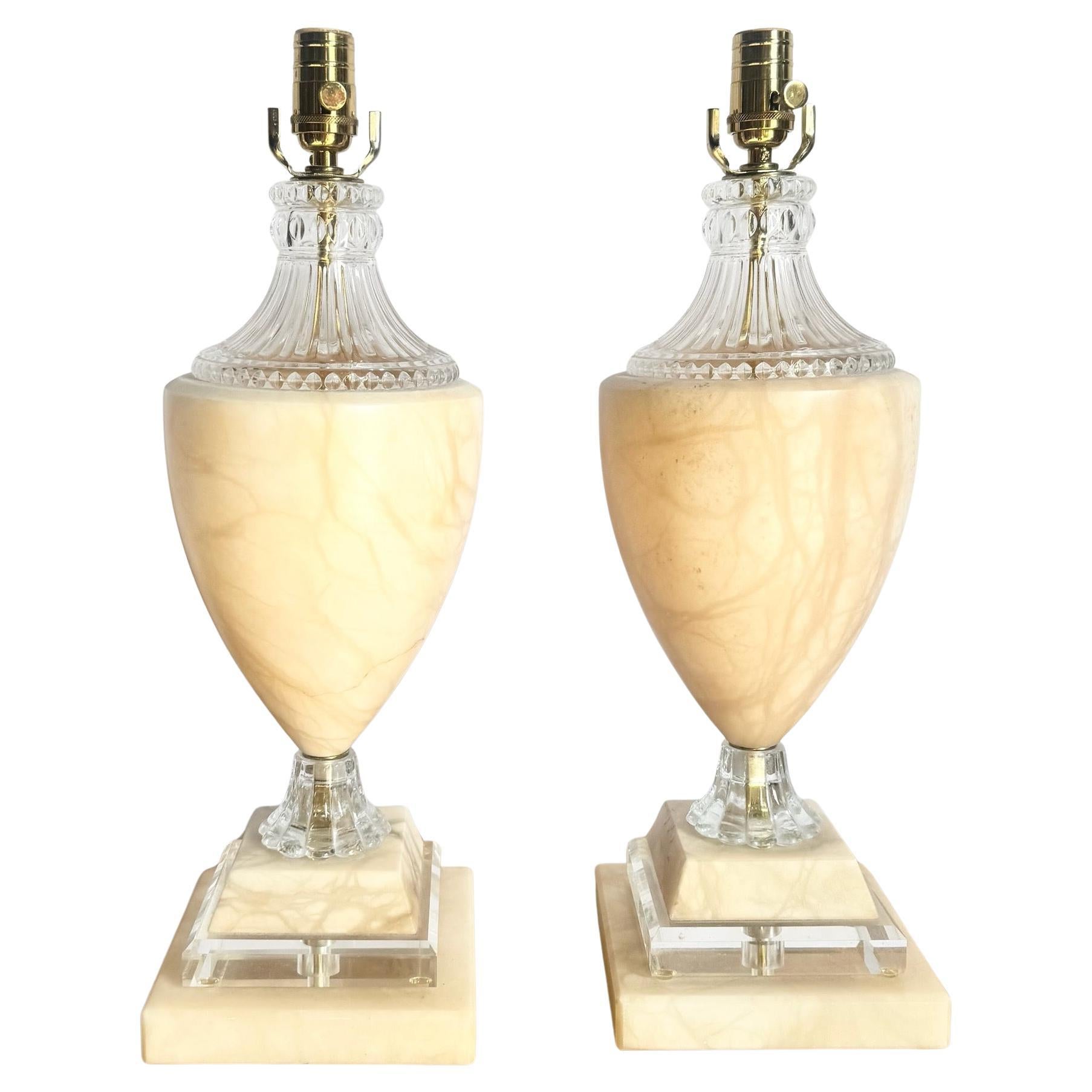 Vintage Spanish Alabaster Crystal and Lucite Table Lamps - A Pair For Sale
