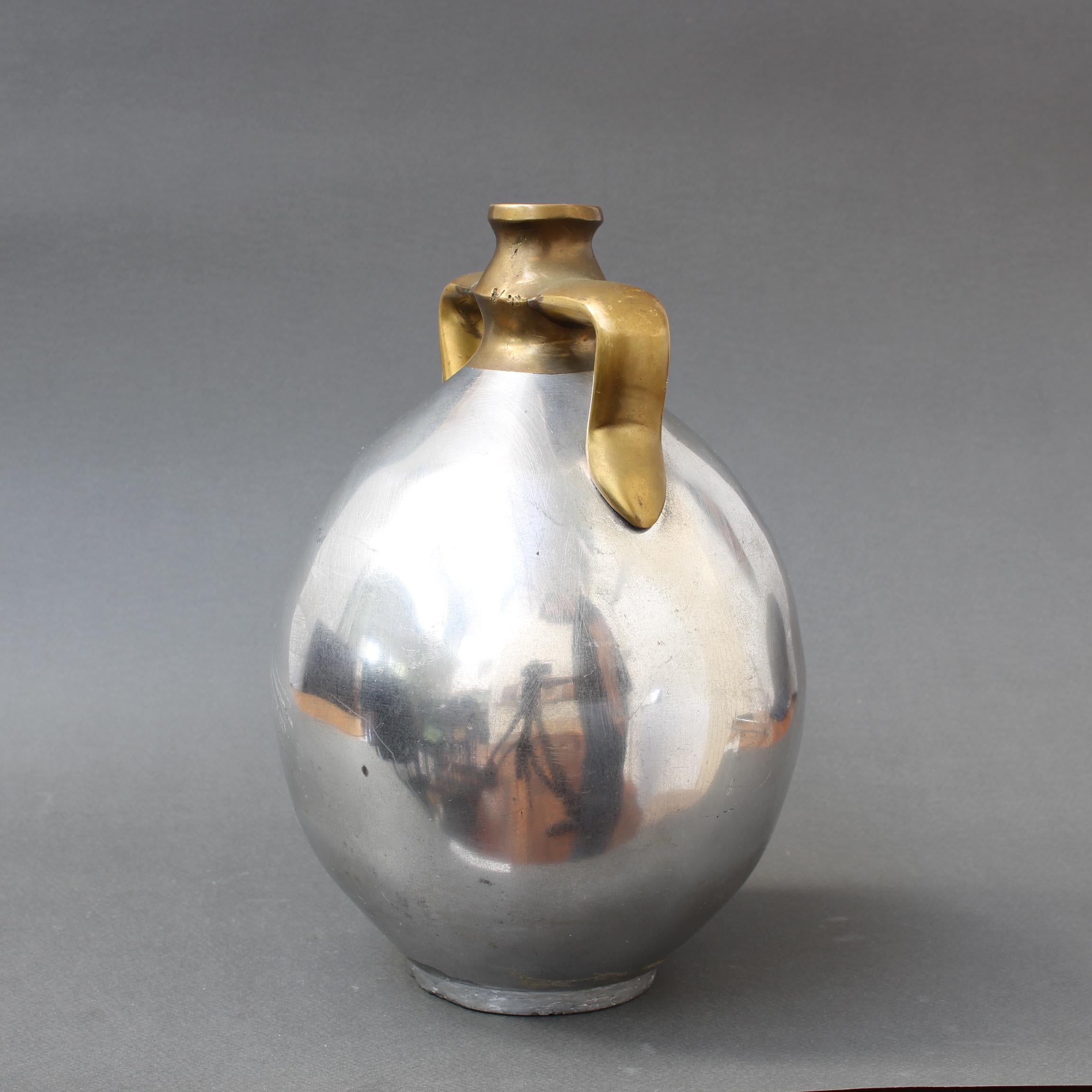 Late 20th Century Vintage Spanish Aluminium and Brutalist Brass Vase by Alfonso Marquez  For Sale