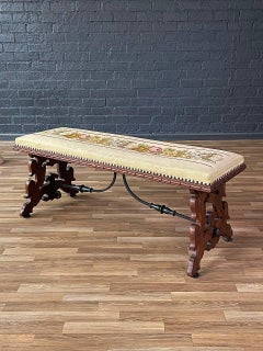 Vintage Spanish Baroque Carved Mahogany Bench