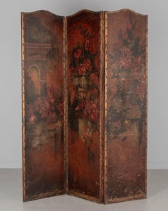 Vintage Spanish Baroque Painted Leather Folding Screen