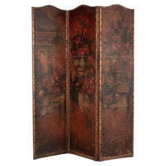 Vintage Spanish Baroque Painted Leather Folding Screen