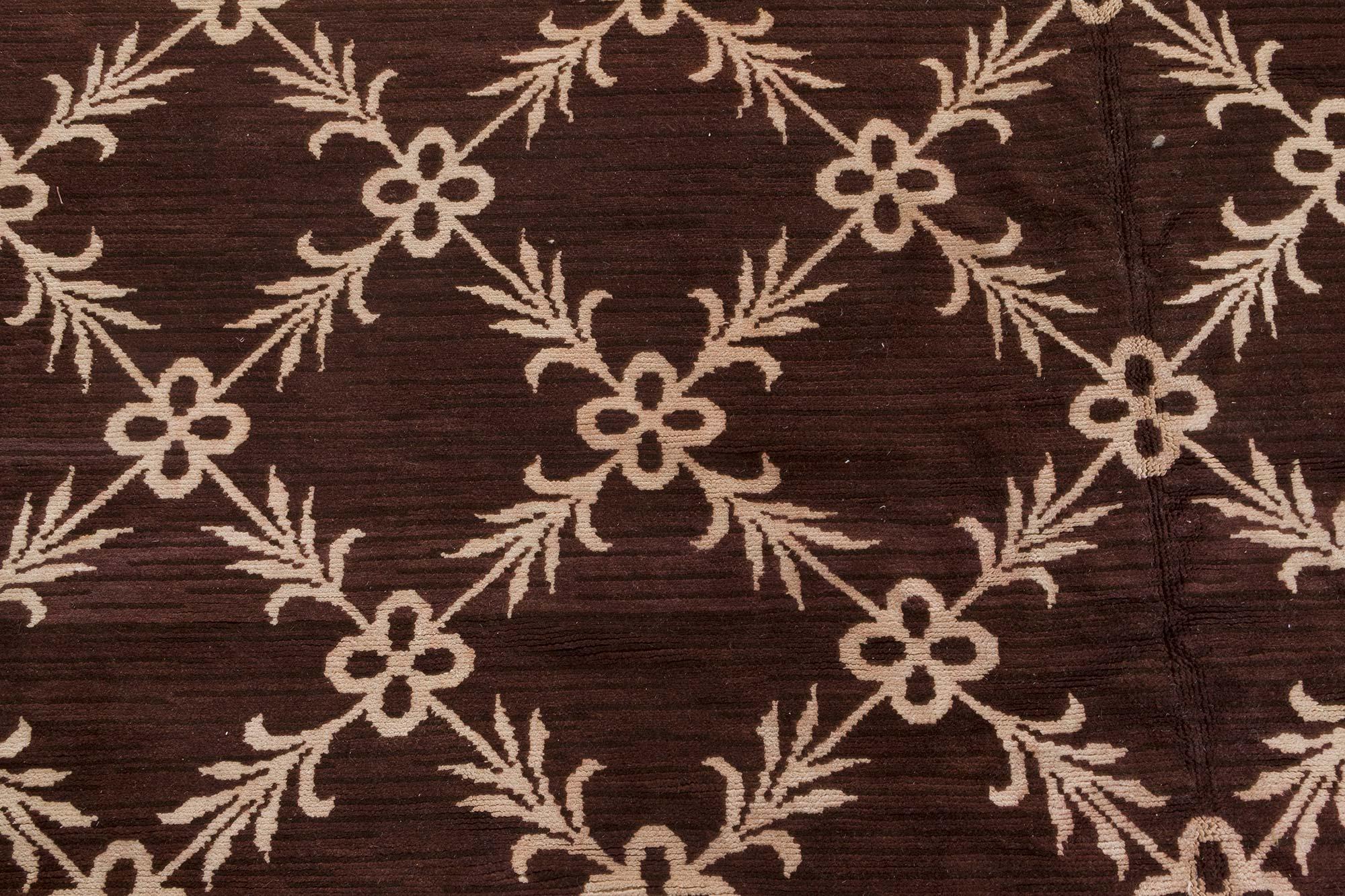 Vintage Spanish Botanic Chocolate brown and ivory handwoven wool carpet
Size: 11'7
