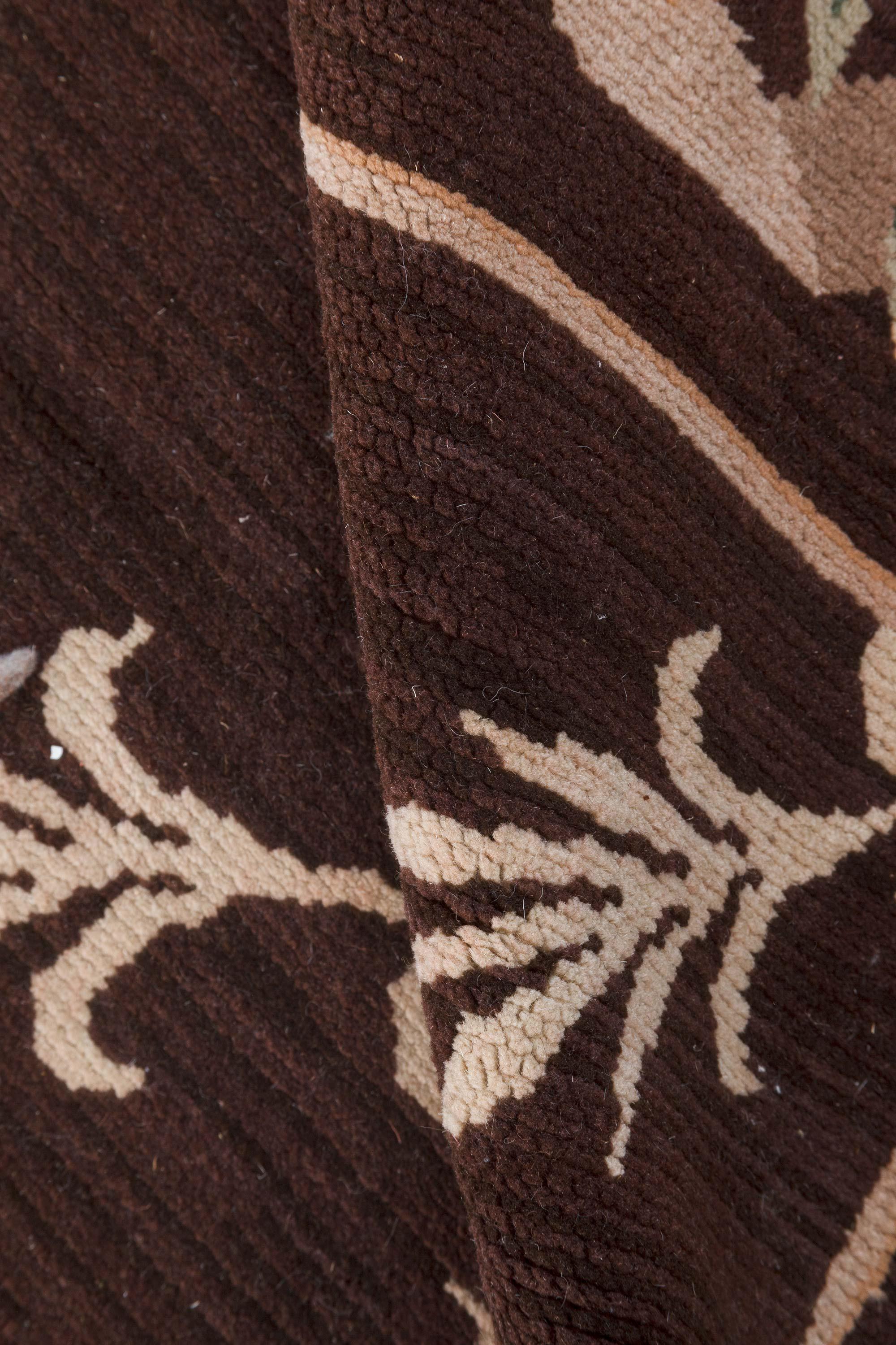 Mid-Century Modern Vintage Spanish Botanic Brown and Ivory Wool Carpet For Sale
