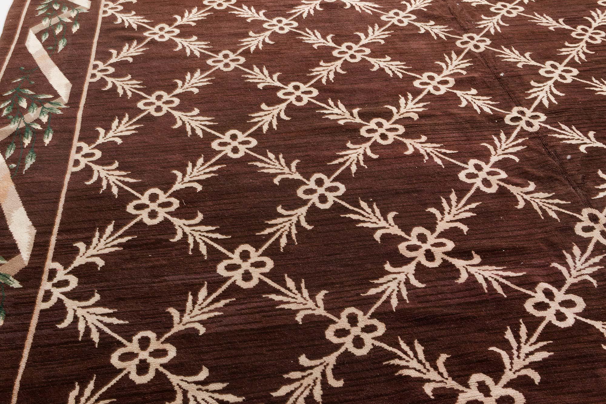 Hand-Knotted Vintage Spanish Botanic Brown and Ivory Wool Carpet For Sale