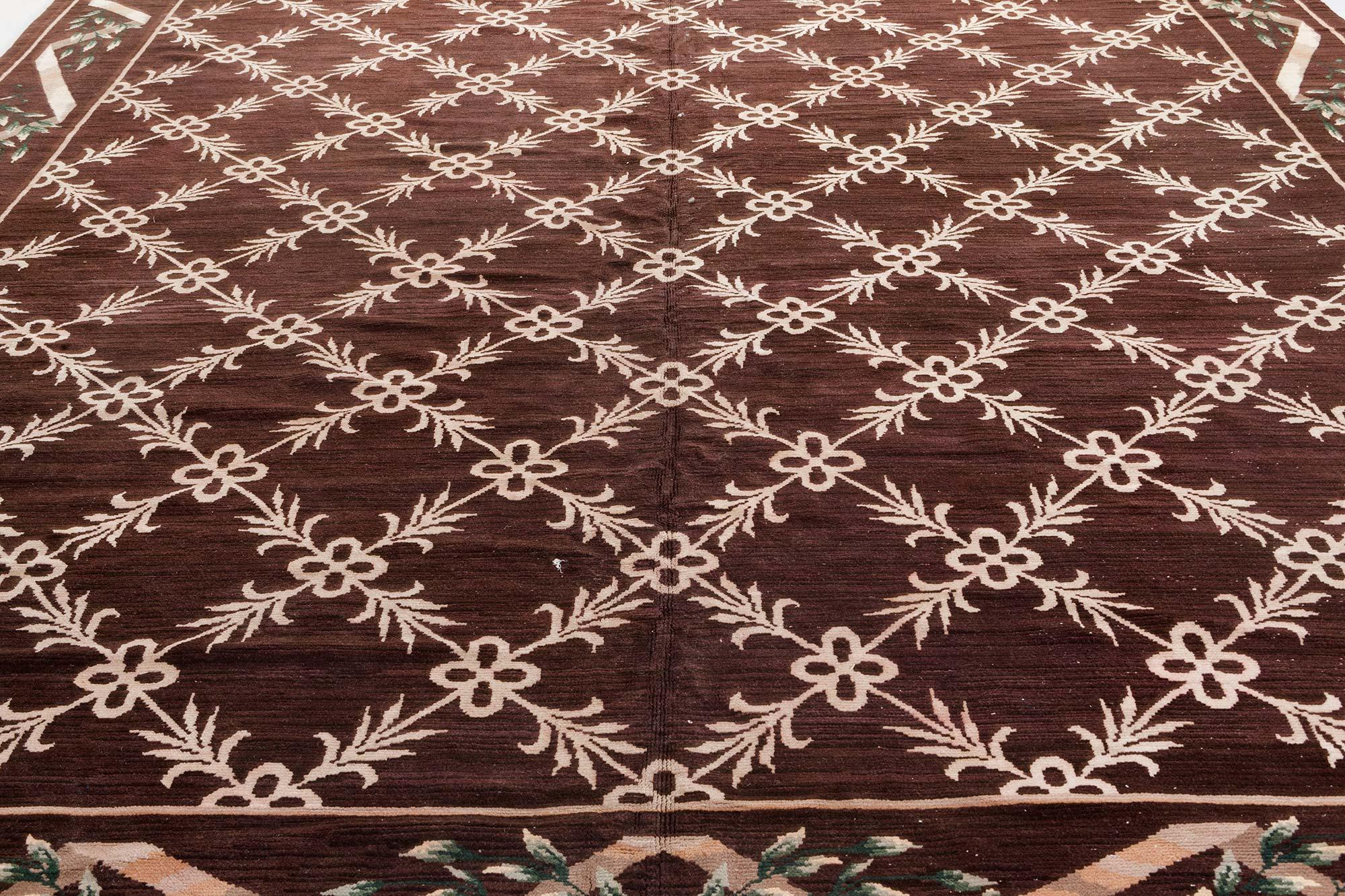 Vintage Spanish Botanic Brown and Ivory Wool Carpet In Good Condition For Sale In New York, NY