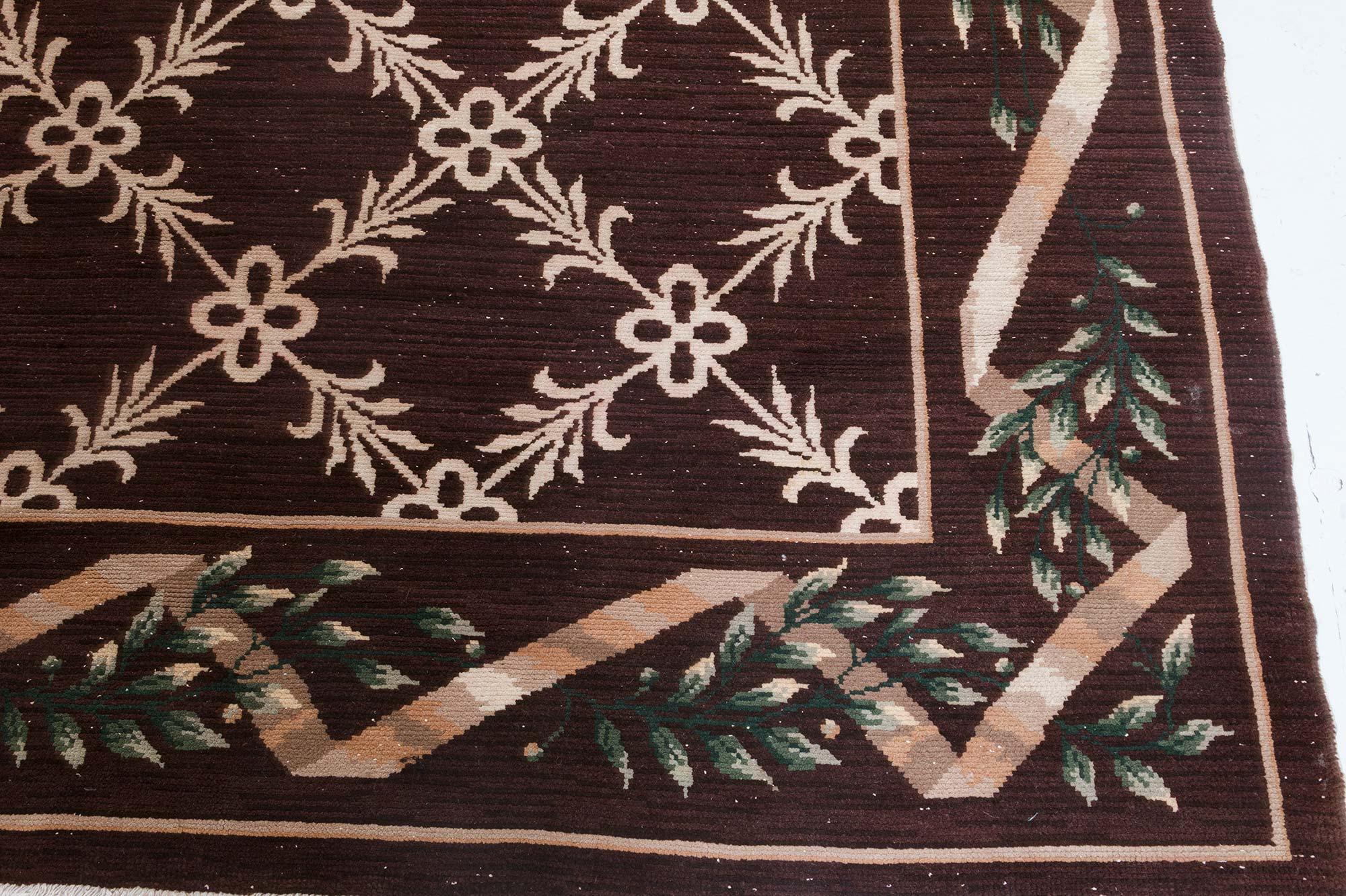 20th Century Vintage Spanish Botanic Brown and Ivory Wool Carpet For Sale