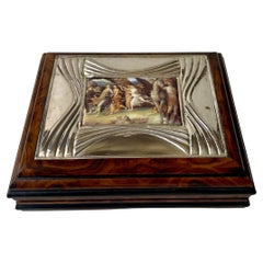 Vintage Spanish Box in Walnut Burl, Sterling Silver & Porcelain by Lacedo