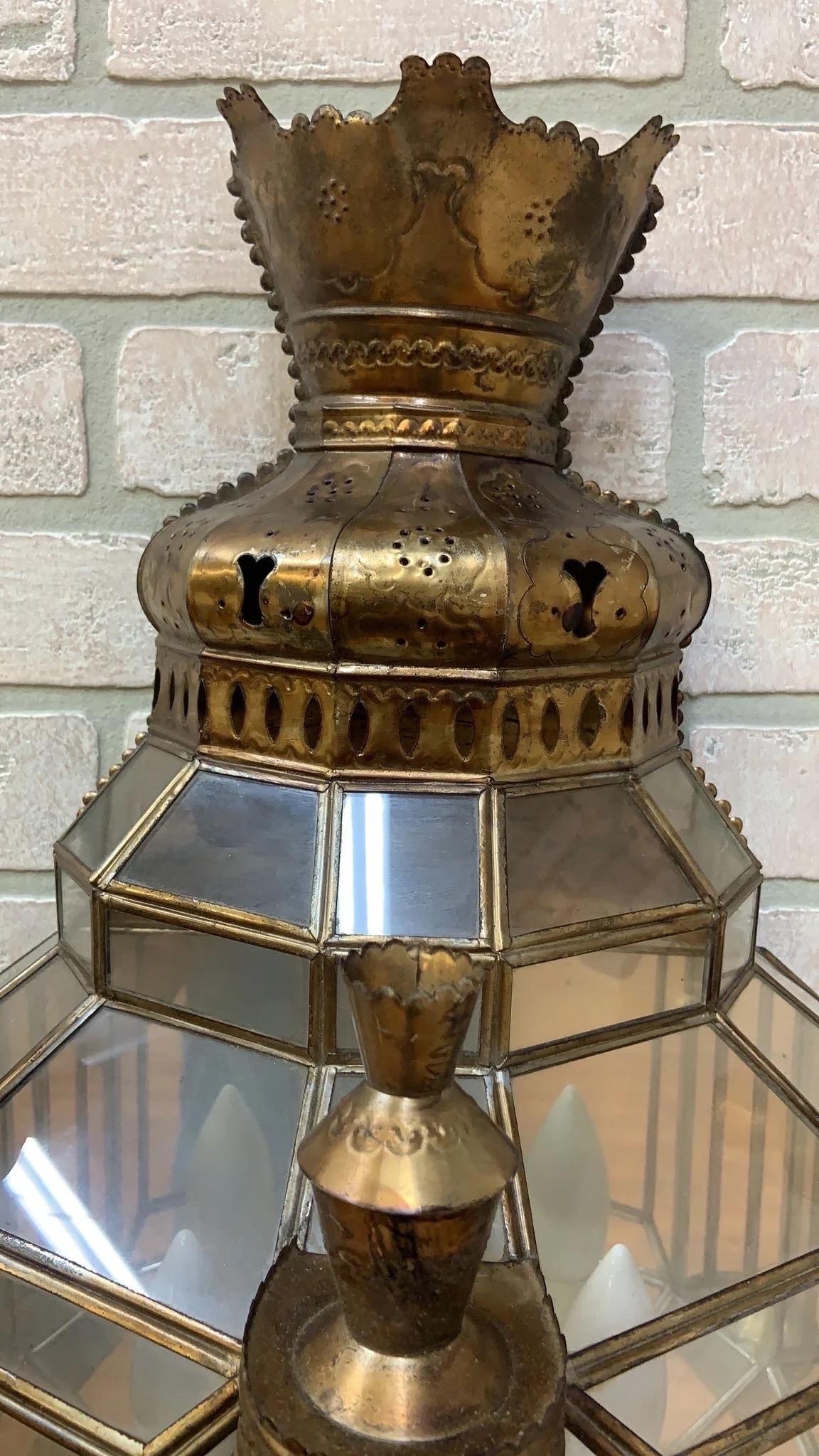 Spanish Colonial Vintage Spanish Brass with Leaded Glass Exterior Outdoor Lighting Sconce - Pair For Sale