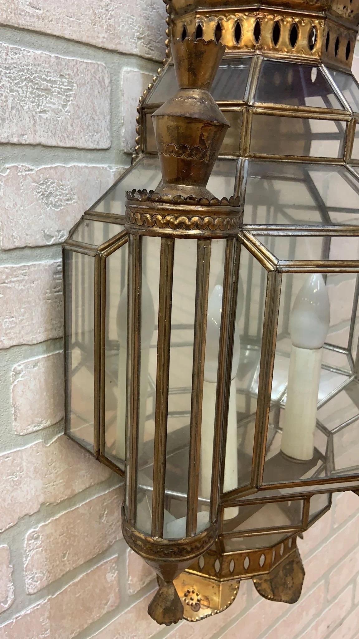 20th Century Vintage Spanish Brass with Leaded Glass Exterior Outdoor Lighting Sconce - Pair For Sale