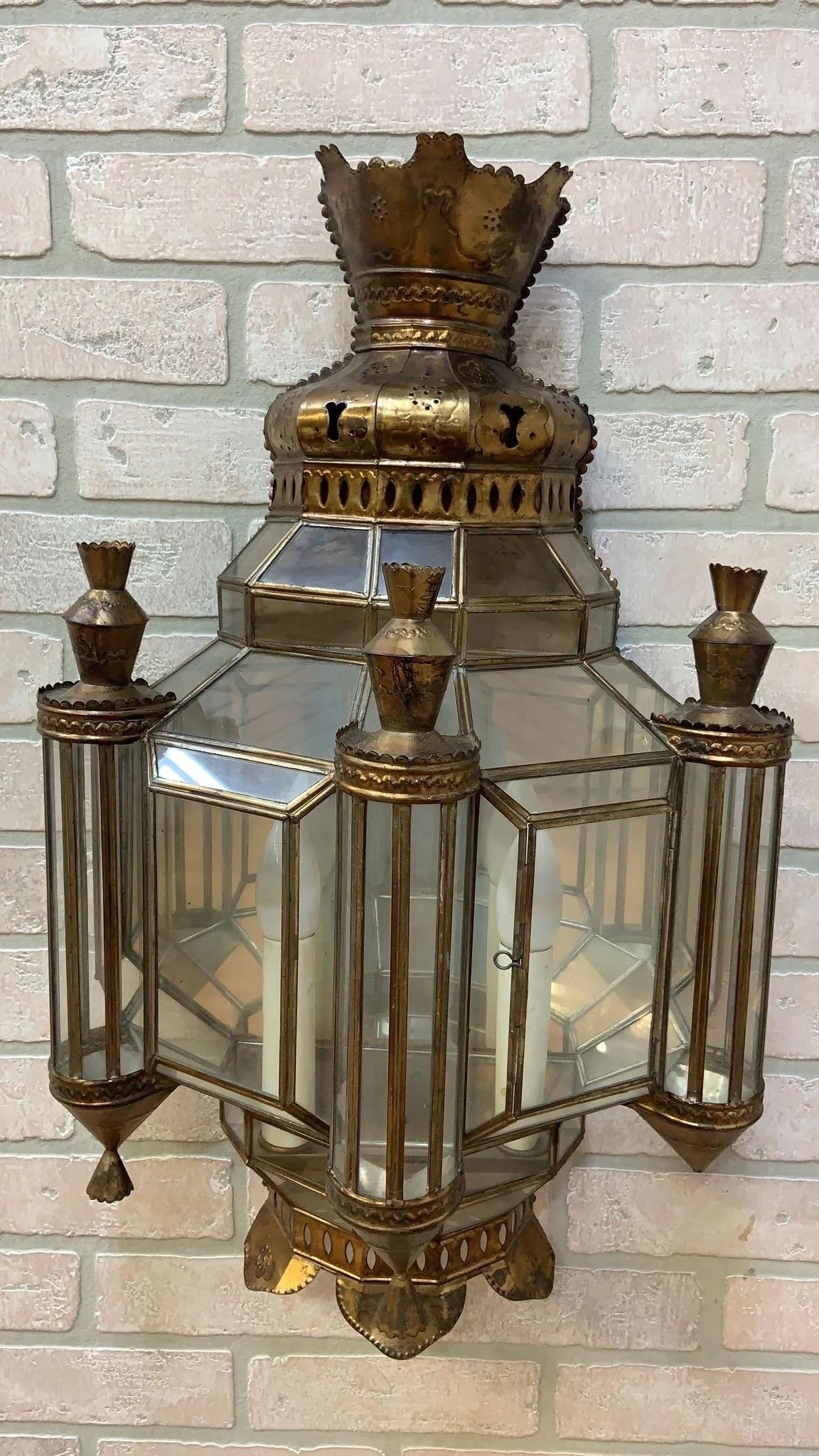 Vintage Spanish Brass with Leaded Glass Exterior Outdoor Lighting Sconce - Pair For Sale 1