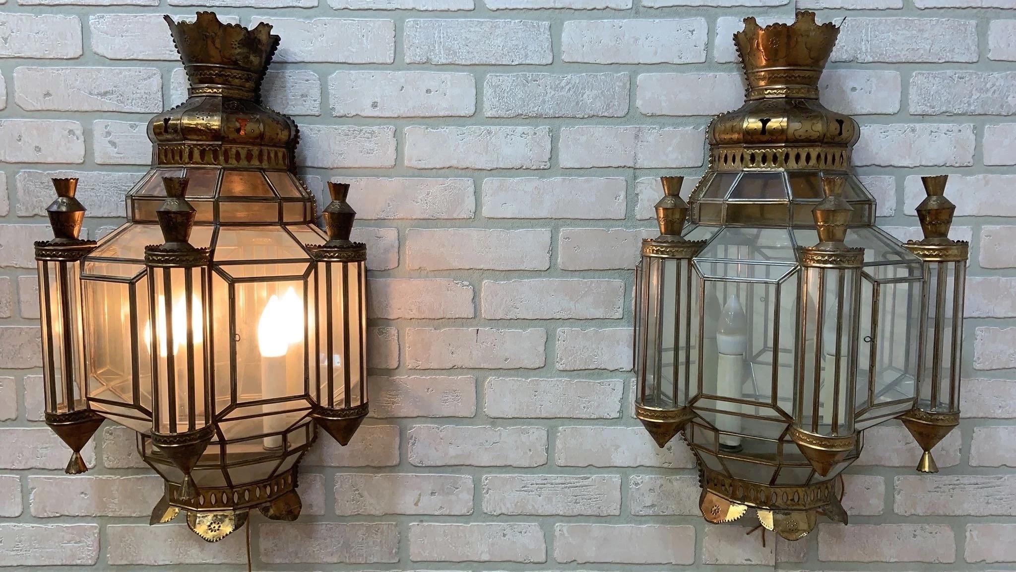 Vintage Spanish Brass with Leaded Glass Exterior Outdoor Lighting Sconce - Pair For Sale 2