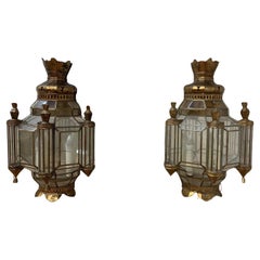 Vintage Spanish Brass with Leaded Glass Exterior Outdoor Lighting Sconce - Pair