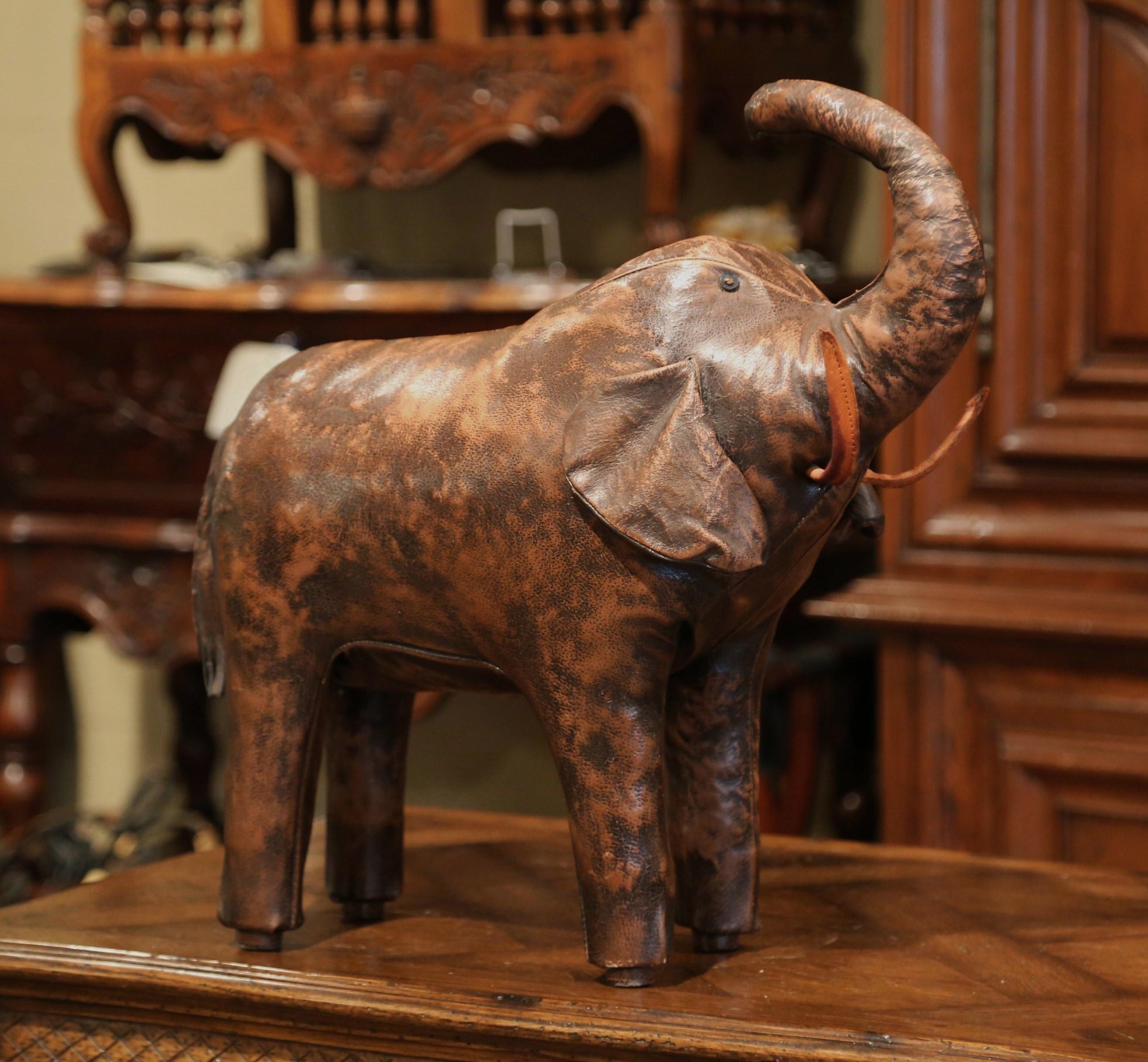 Rustic Vintage Spanish Brown Leather Elephant Sculpture Footstool