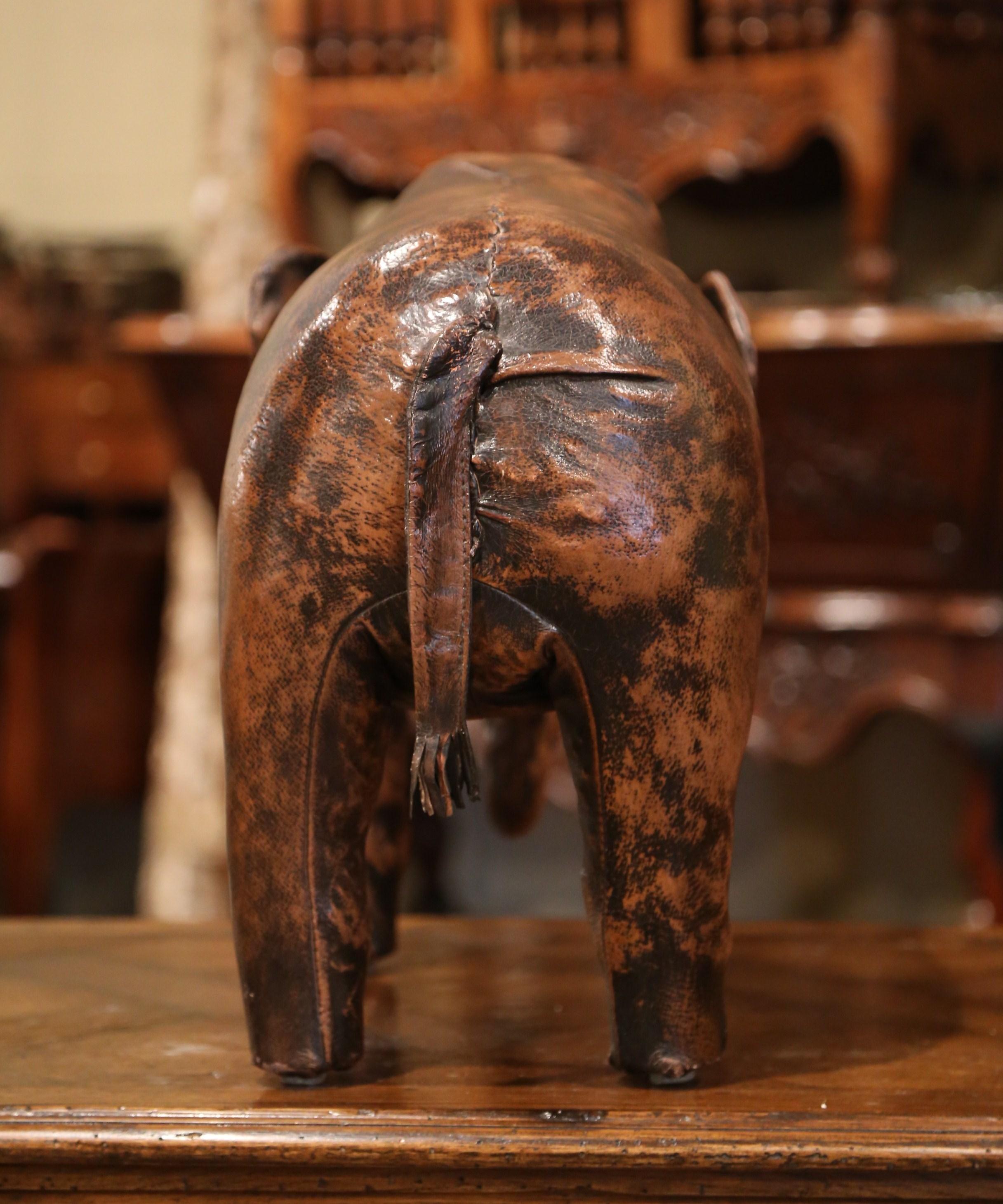 Rustic Vintage Spanish Brown Leather Elephant Sculpture Footstool