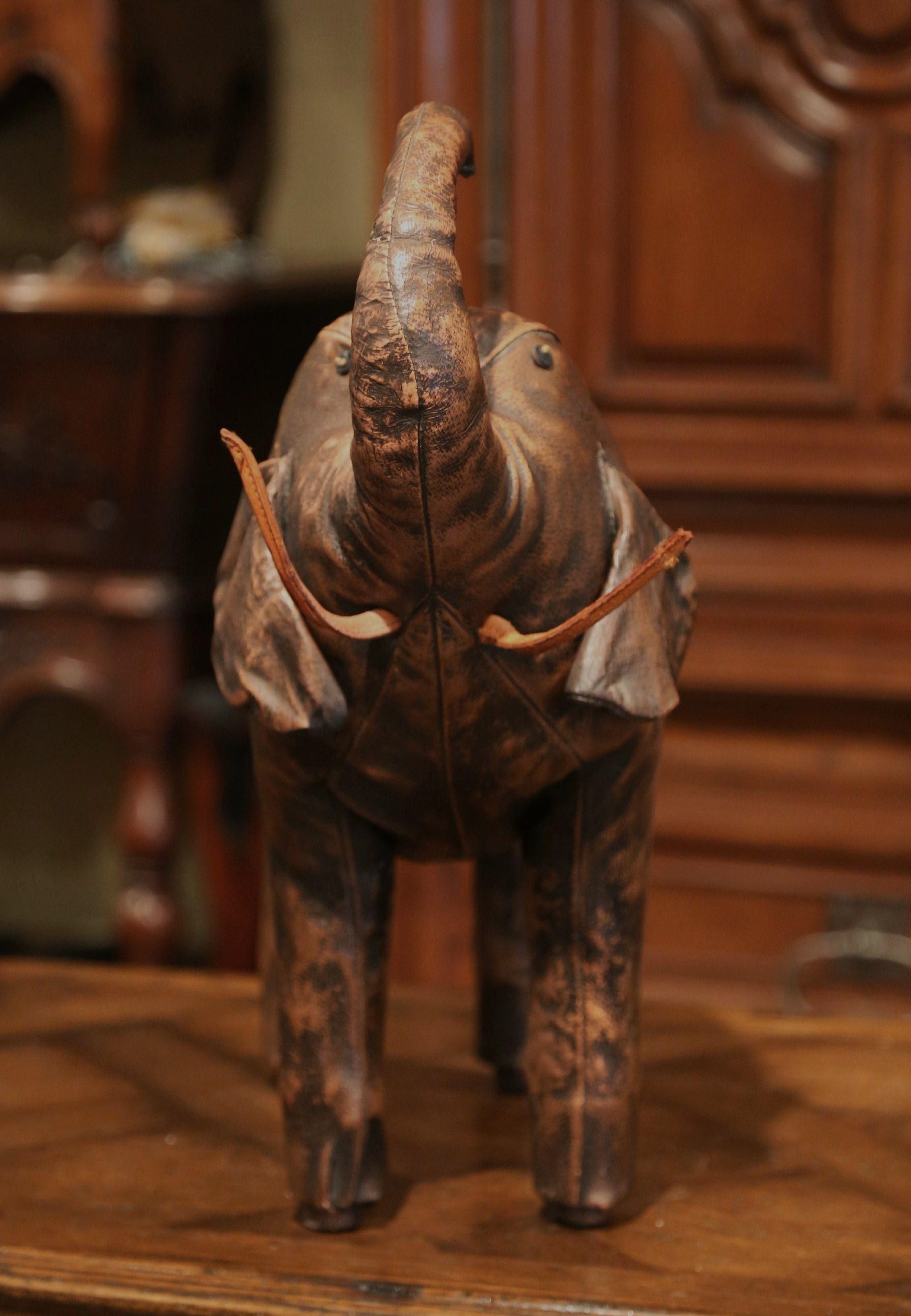 Patinated Vintage Spanish Brown Leather Elephant Sculpture Footstool