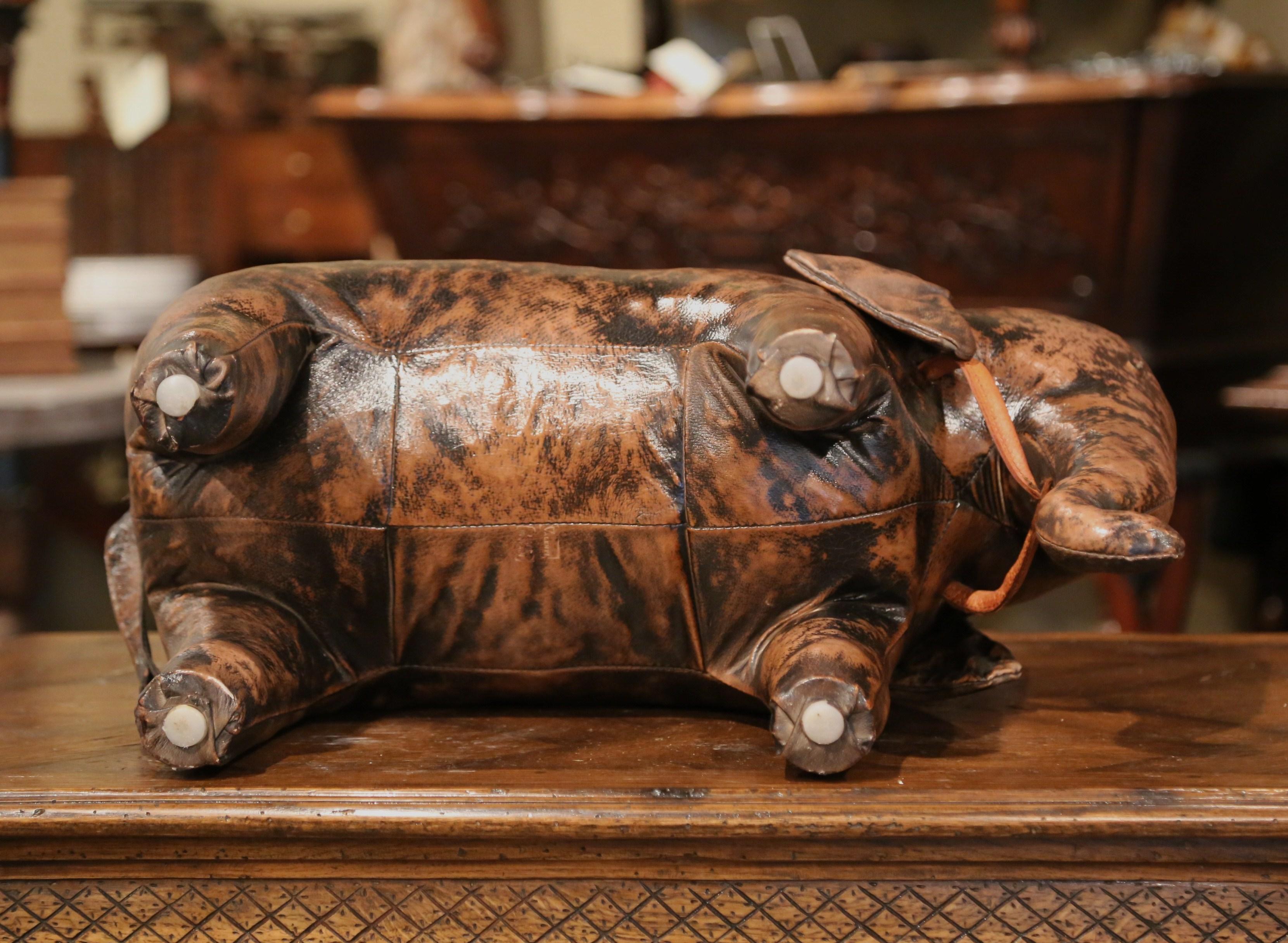 Hand-Crafted Vintage Spanish Brown Leather Elephant Sculpture Footstool