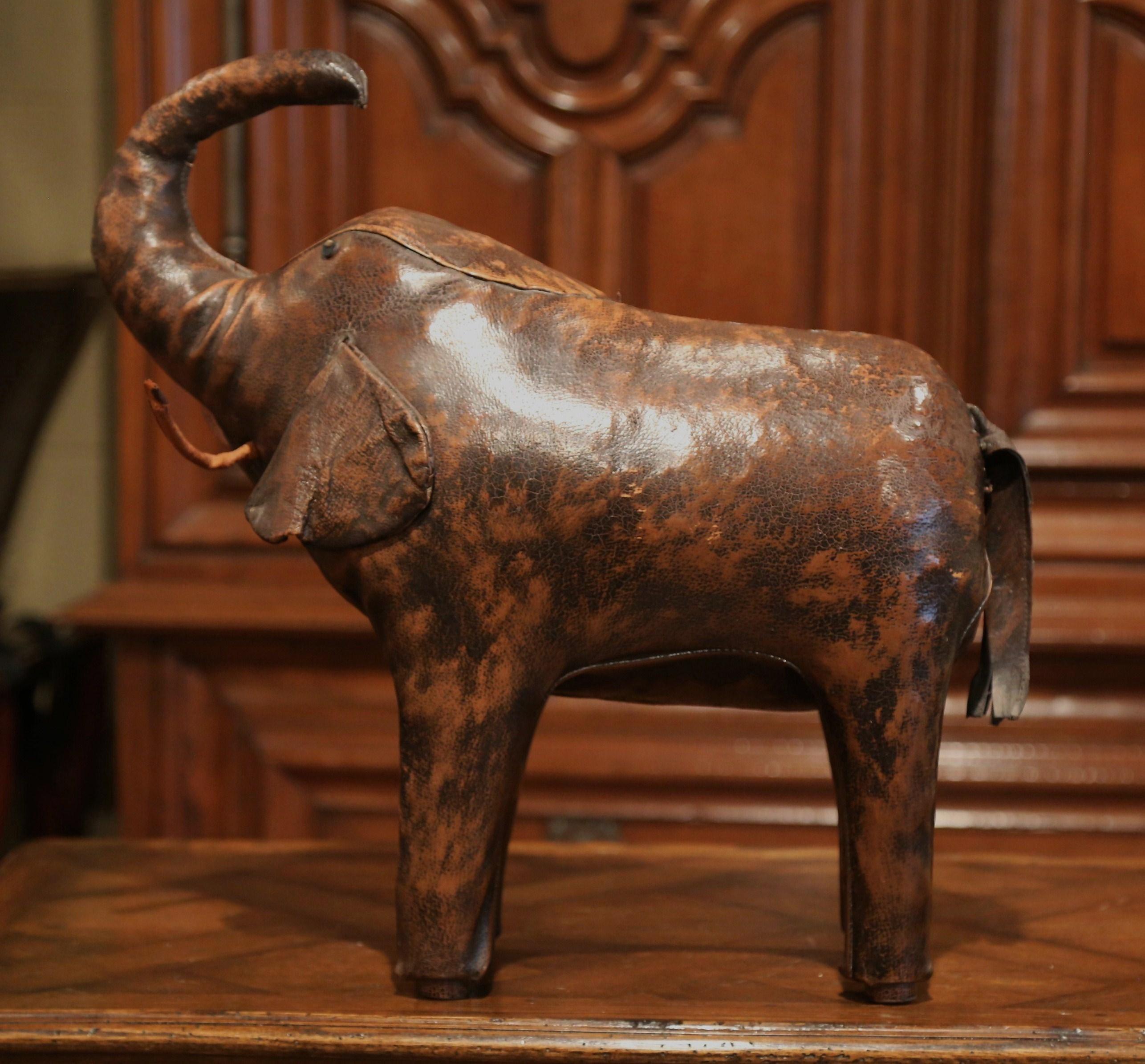 Contemporary Vintage Spanish Brown Leather Elephant Sculpture Footstool