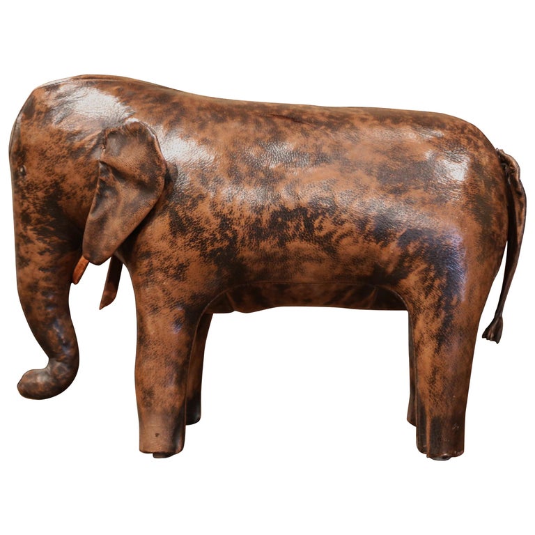 Vintage Spanish Brown Leather Elephant Sculpture Footstool For Sale at