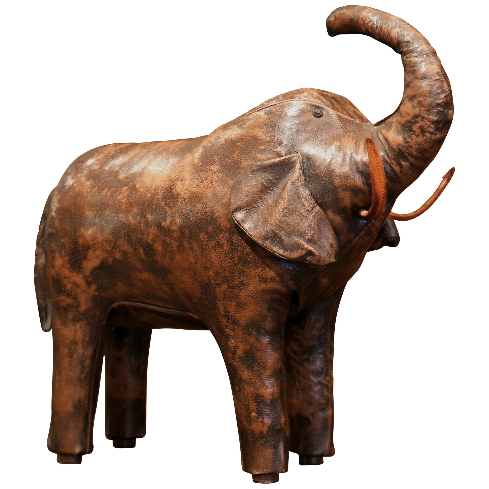Vintage Spanish Brown Leather Elephant Sculpture Footstool