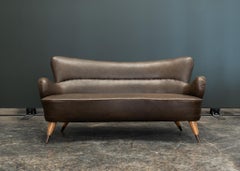 Vintage Spanish Brown Leather Sofa with Nailhead Trim, Spain, c. 1955–1965