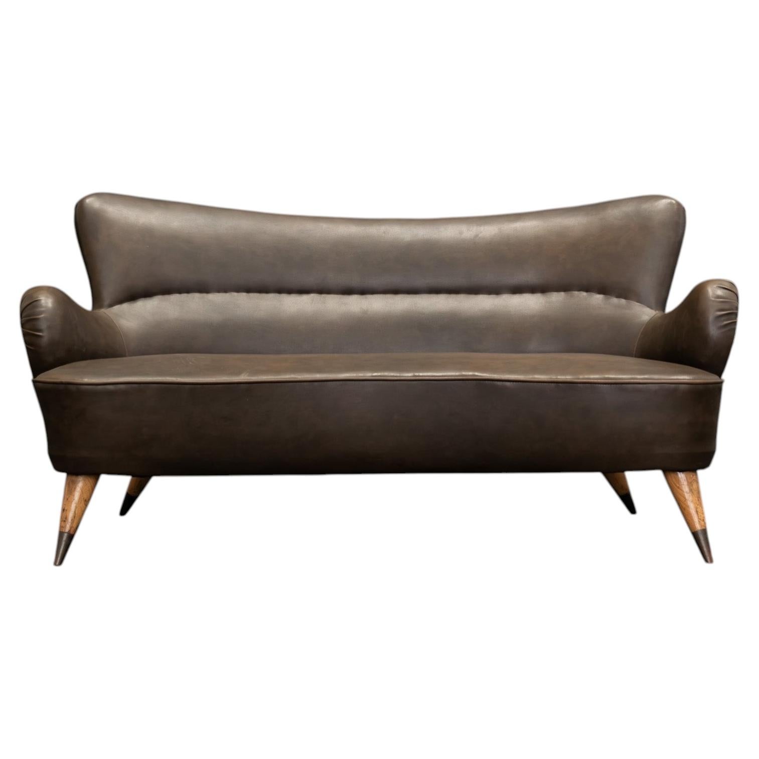 Vintage Spanish Brown Leather Sofa with Nailhead Trim, Spain, c. 1955–1965 For Sale