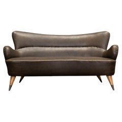 Vintage Spanish Brown Leather Sofa with Nailhead Trim, Spain, c. 1955–1965