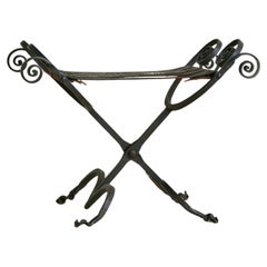 Vintage Spanish Brutalist Wrought Iron + Tooled Leather Folding Stool
