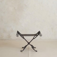 Vintage Spanish Brutalist Wrought Iron + Tooled Leather Folding Stool No. 02